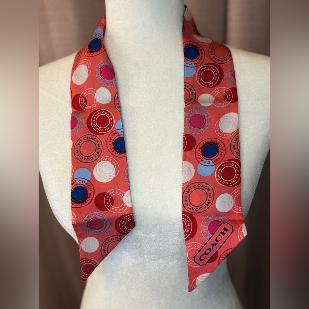 Coach Reversible Skinny Silk Scarf – Red & Navy Logo Dot Print
